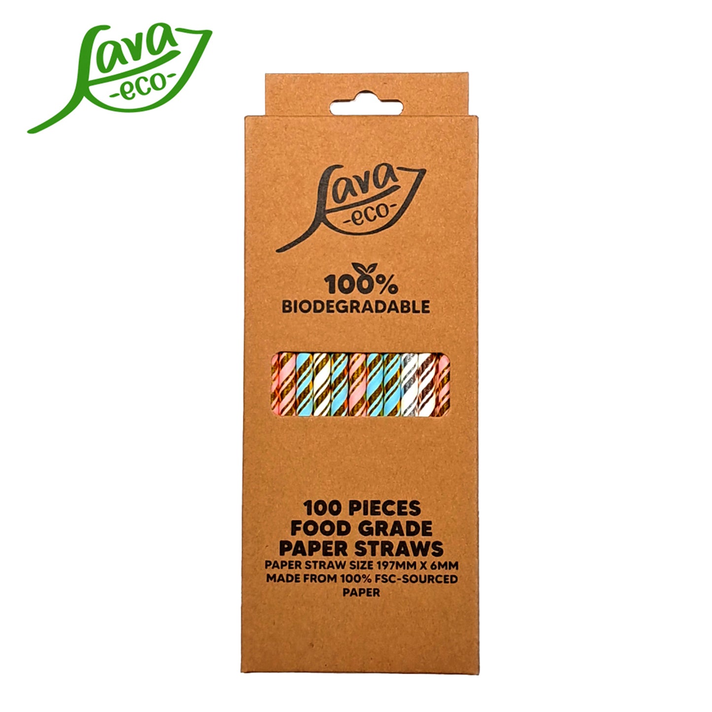 LavaEco Biodegradable Paper Straws - Shiny Pastel Stripes 100 PCS - Disposable Environment Eco Friendly