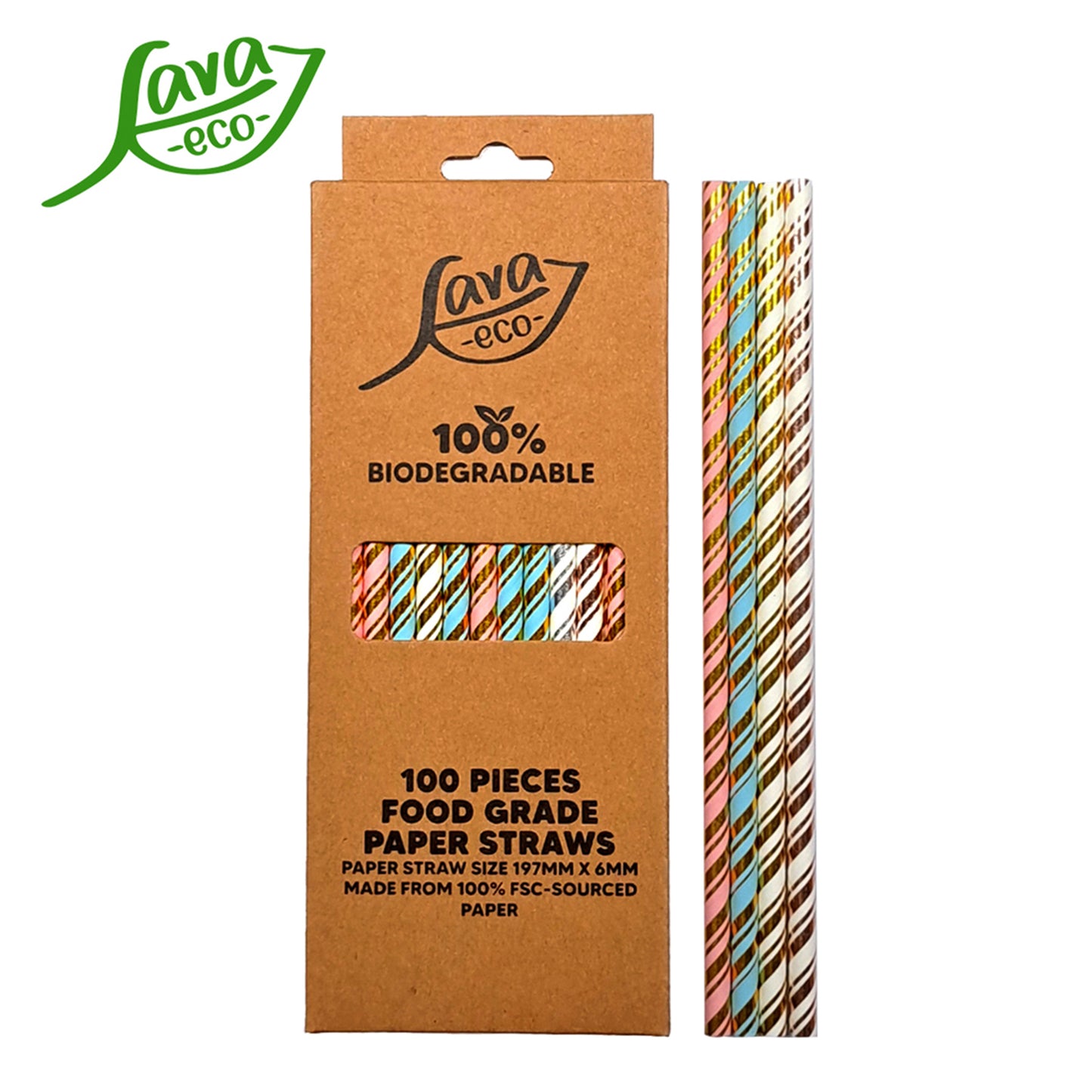 LavaEco Biodegradable Paper Straws - Shiny Pastel Stripes 100 PCS - Disposable Environment Eco Friendly