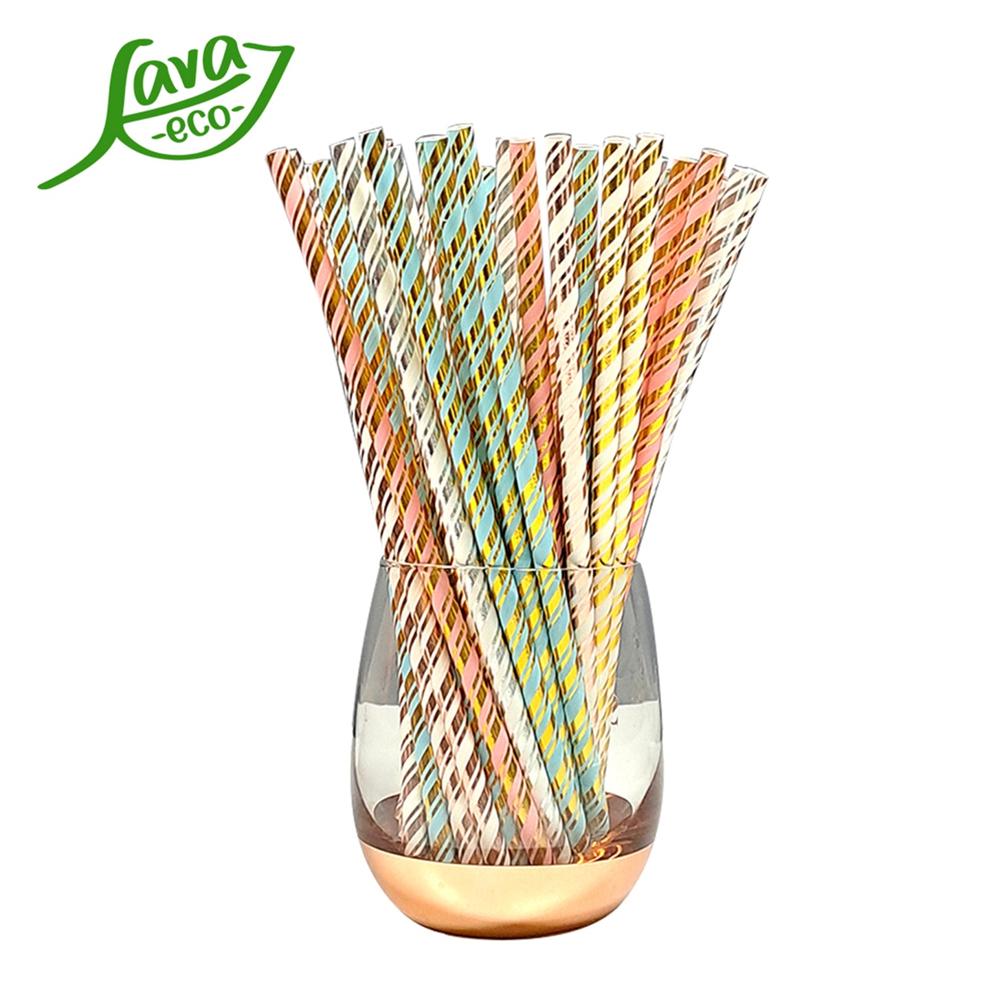 LavaEco Biodegradable Paper Straws - Shiny Pastel Stripes 100 PCS - Disposable Environment Eco Friendly