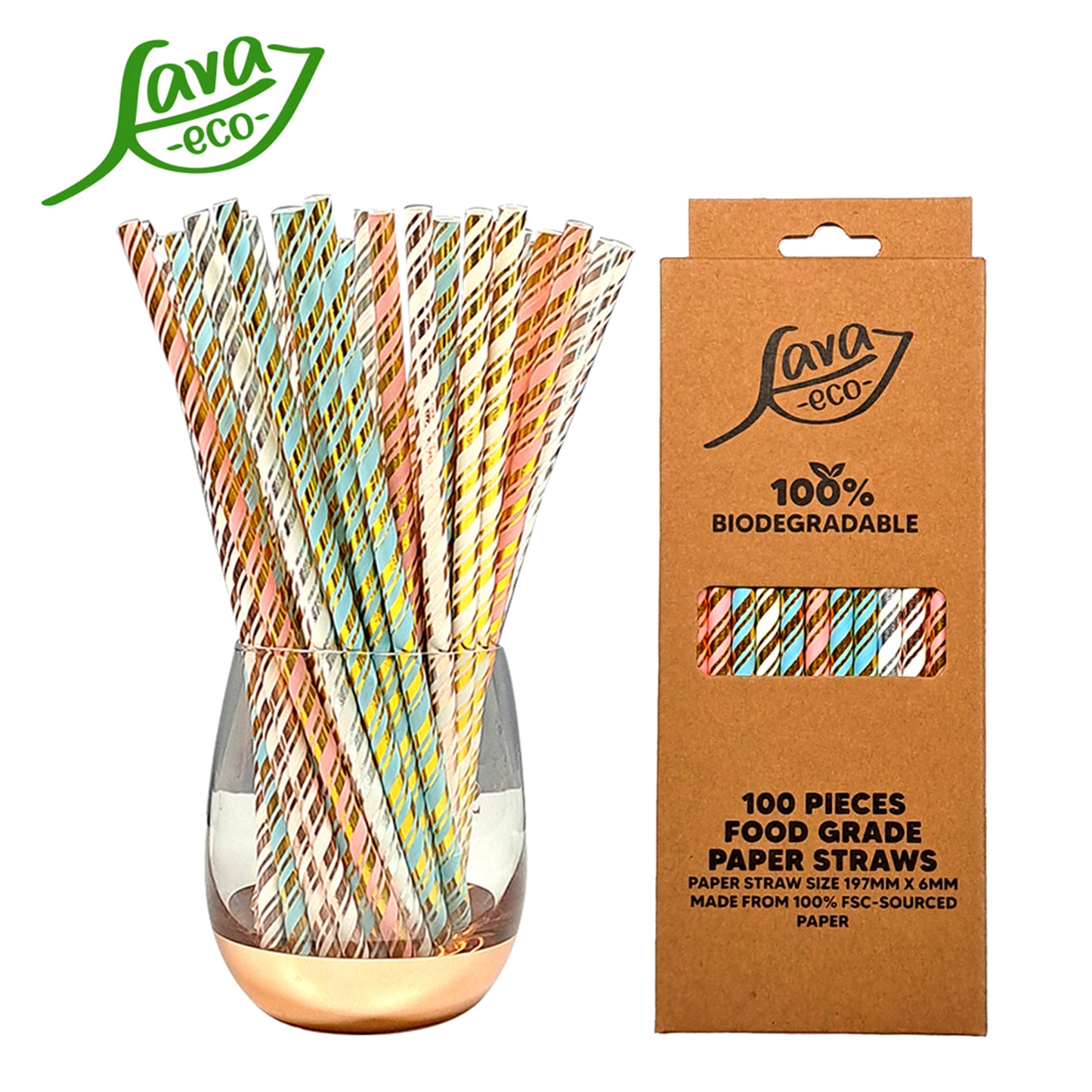 LavaEco Biodegradable Paper Straws - Shiny Pastel Stripes 100 PCS - Disposable Environment Eco Friendly