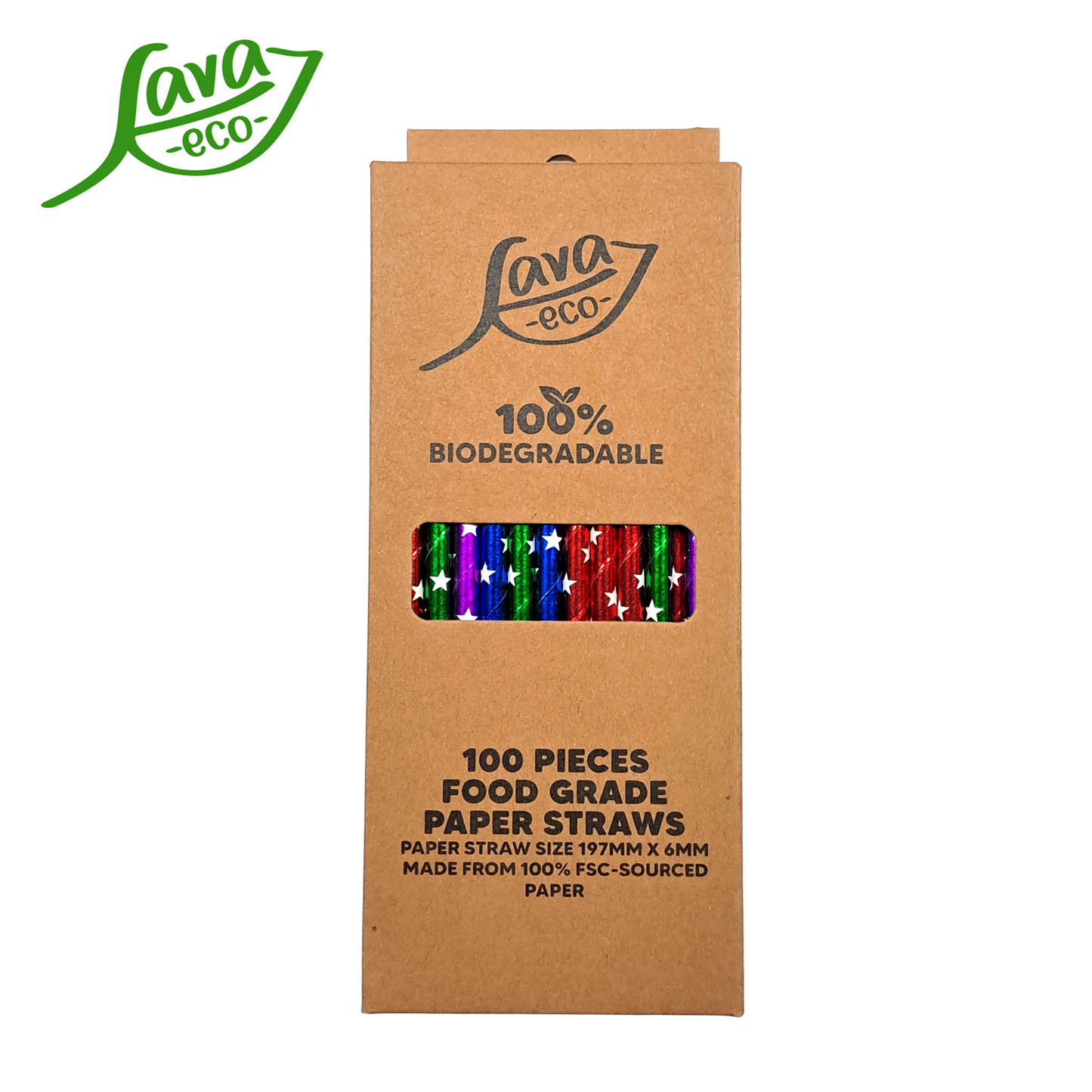 LavaEco Biodegradable Paper Straws - Shiny Stars Colourful 100 PCS - Disposable Environment Eco Friendly