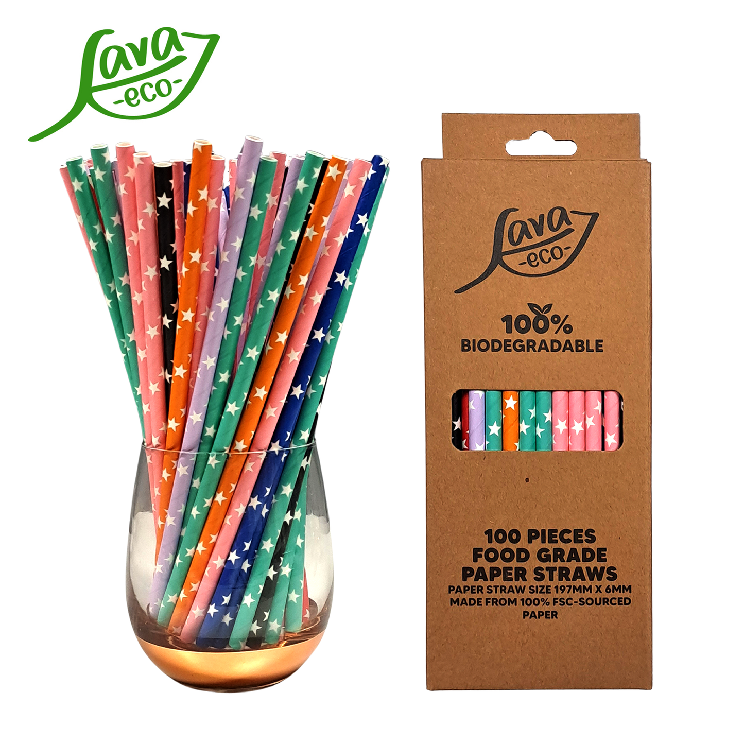 LavaEco Biodegradable Paper Straws - Colourful Stars B 100 PCS - Disposable Environment Eco Friendly