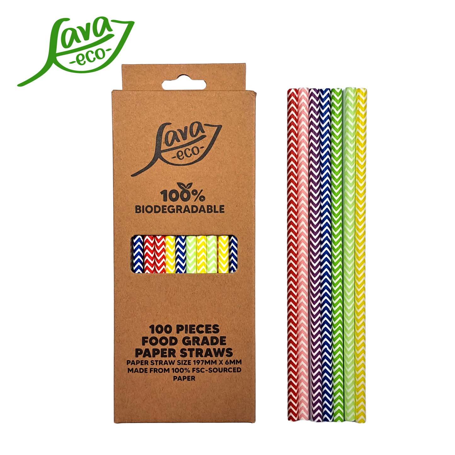 LavaEco Biodegradable Paper Straws - Colourful Zig Zag 100 PCS - Disposable Environment Eco Friendly