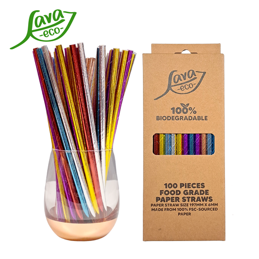 LavaEco Biodegradable Paper Straws - Shiny Colourful 100 PCS - Disposable Environment Eco Friendly