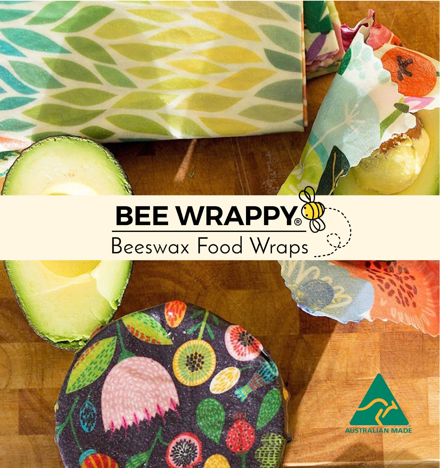 Bee Wrappy - Beeswax Wrap 4 Pieces Pack (2 Small, 1 Medium, 1 Large) Bee Wax Food Wrap