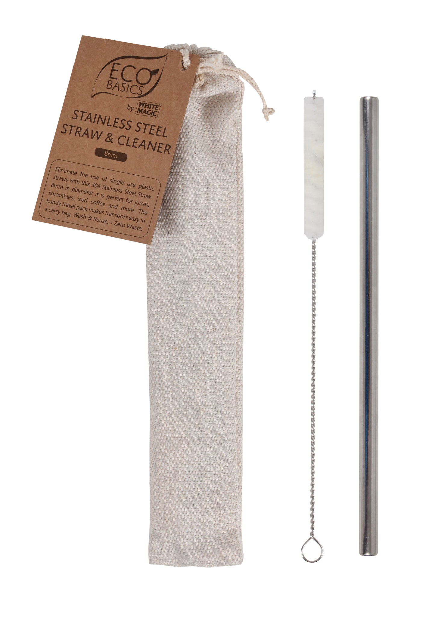 Eco Basics Stainless Steel Straw with cleaner and Pouch - 8mm