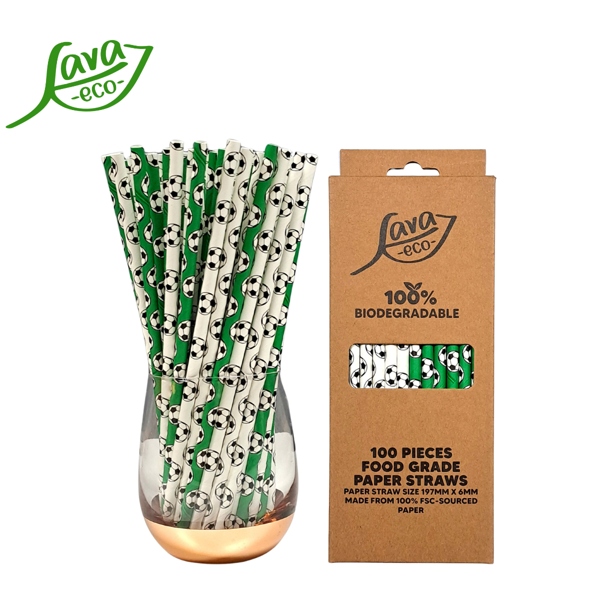 LavaEco Biodegradable Paper Straws - Soccer Football 100 PCS - Disposable Environment Eco Friendly