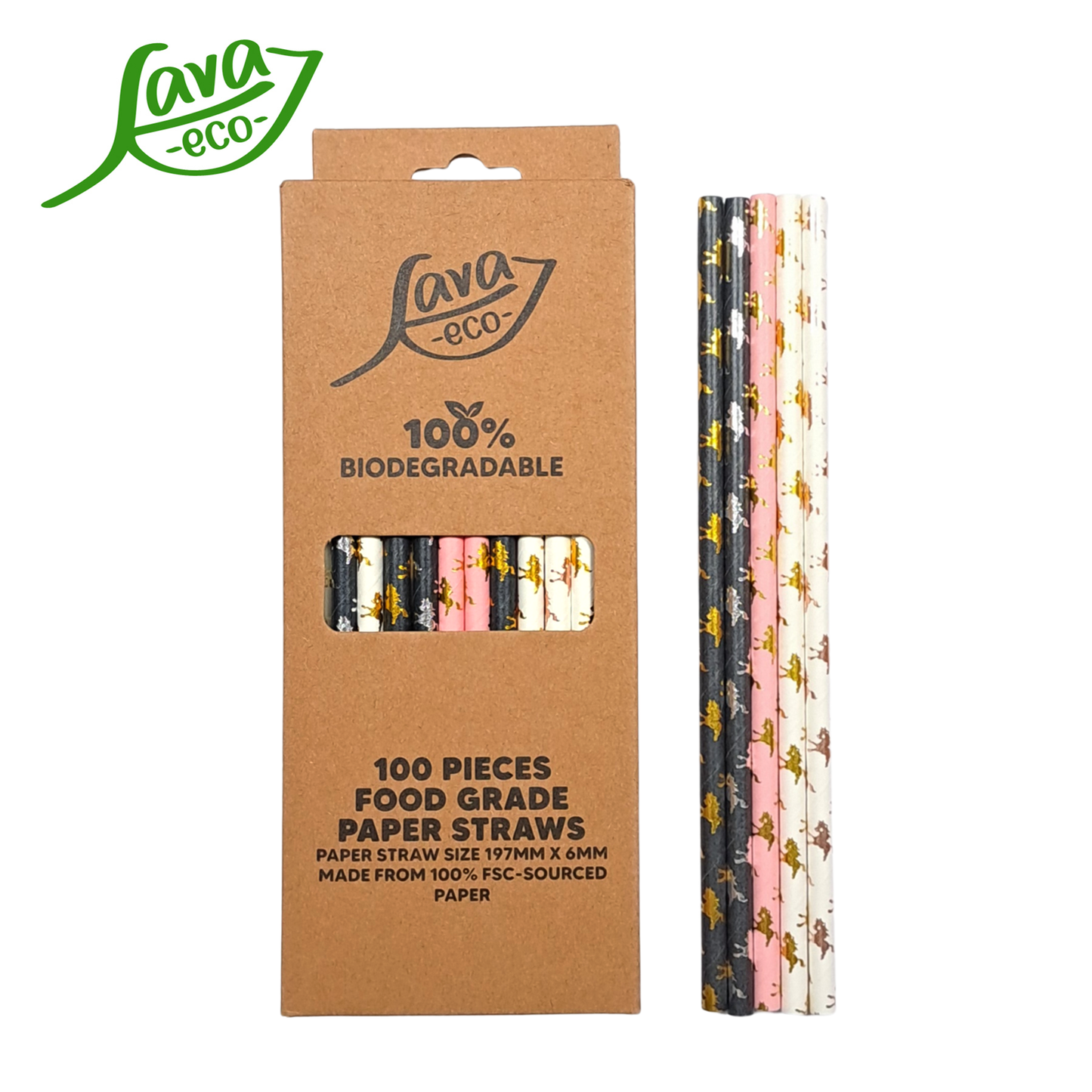 LavaEco Biodegradable Paper Straws - Shiny Unicorn 100 PCS - Disposable Environment Eco Friendly