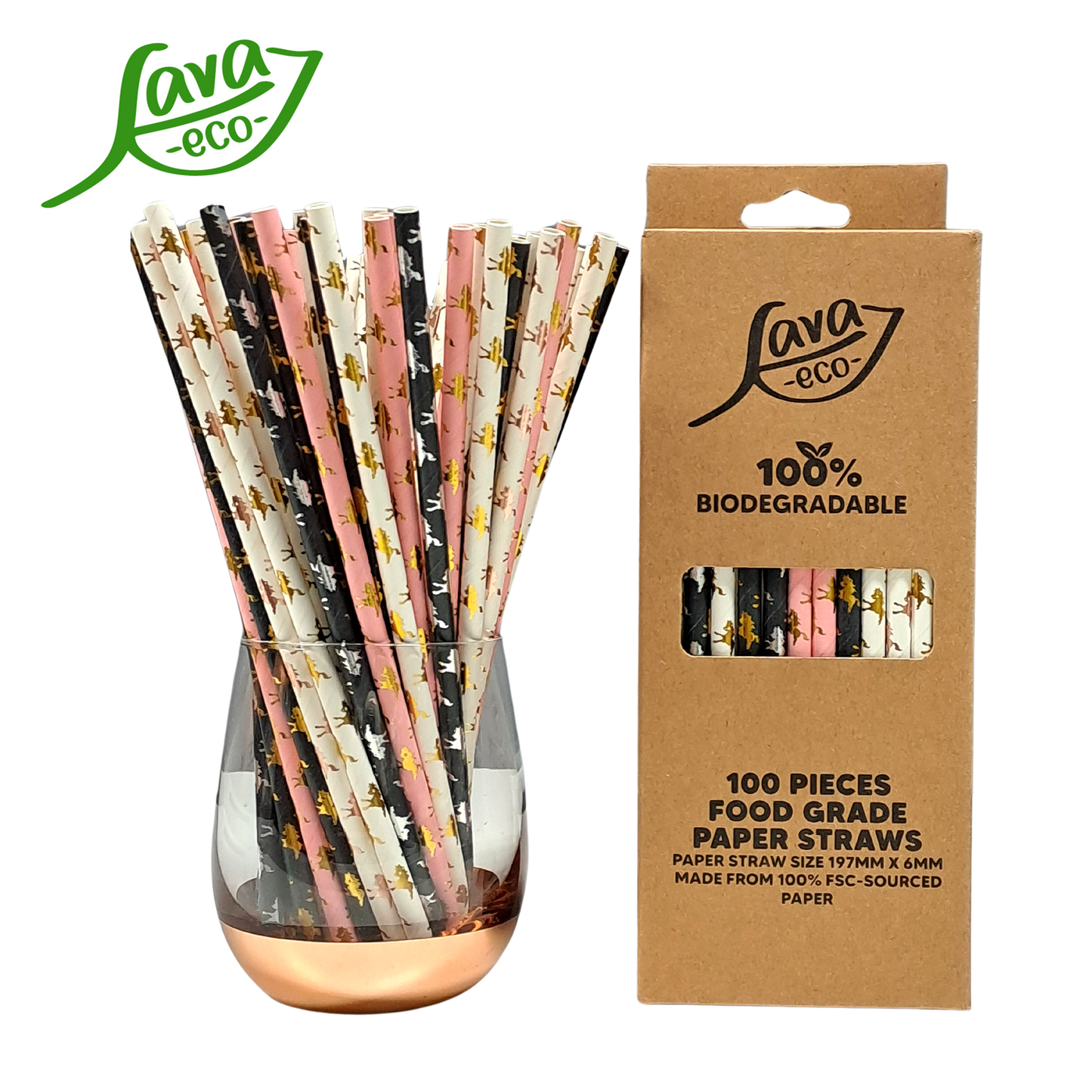 LavaEco Biodegradable Paper Straws - Shiny Unicorn 100 PCS - Disposable Environment Eco Friendly