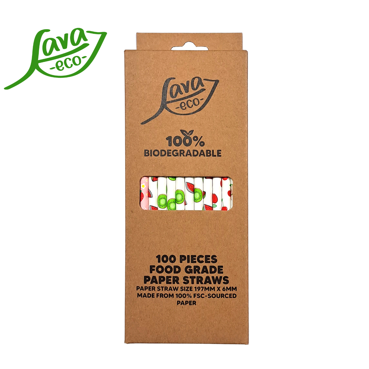 LavaEco Biodegradable Paper Straws - Cartoonish Fruits 100 PCS - Disposable Environment Eco Friendly