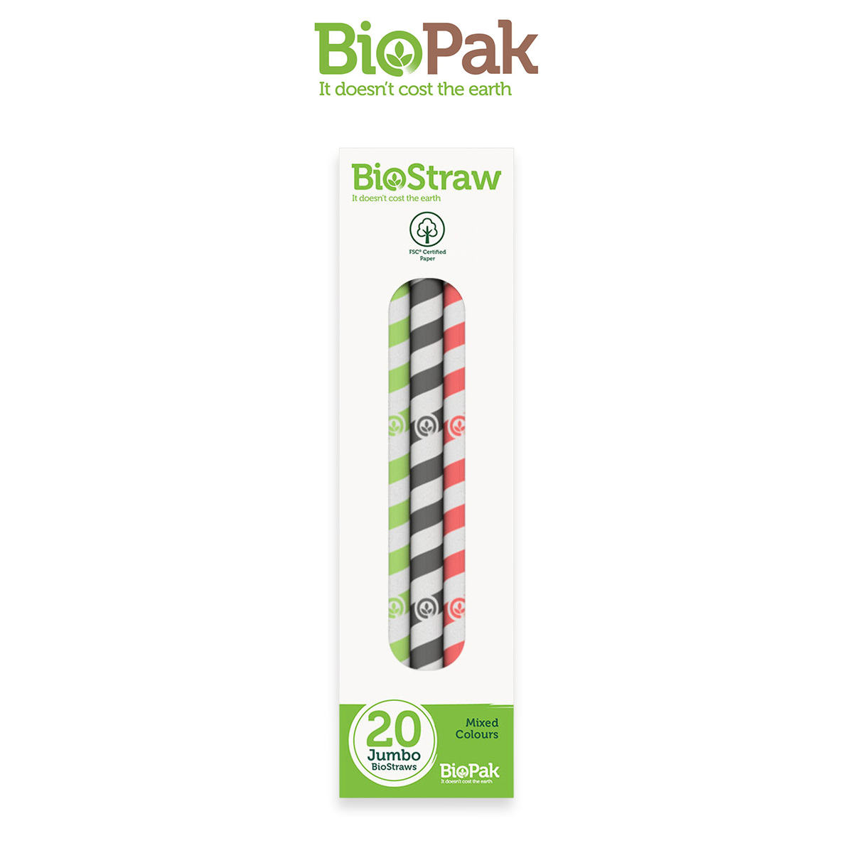 BioPak Compostable Paper Drinking Straws 10x197mm Jumbo - 20 pcs Mixed Colour Straw Bubble Tea Straws Eco Friendly