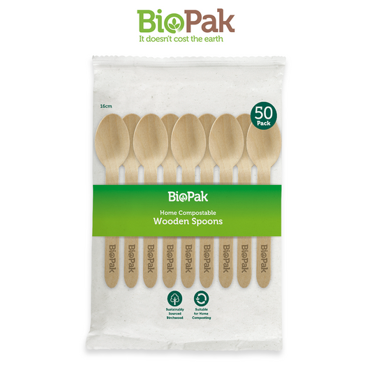 BioPak Compostable Wooden Spoons 16cm - 50 pcs Disposable Spoon Eco Friendly