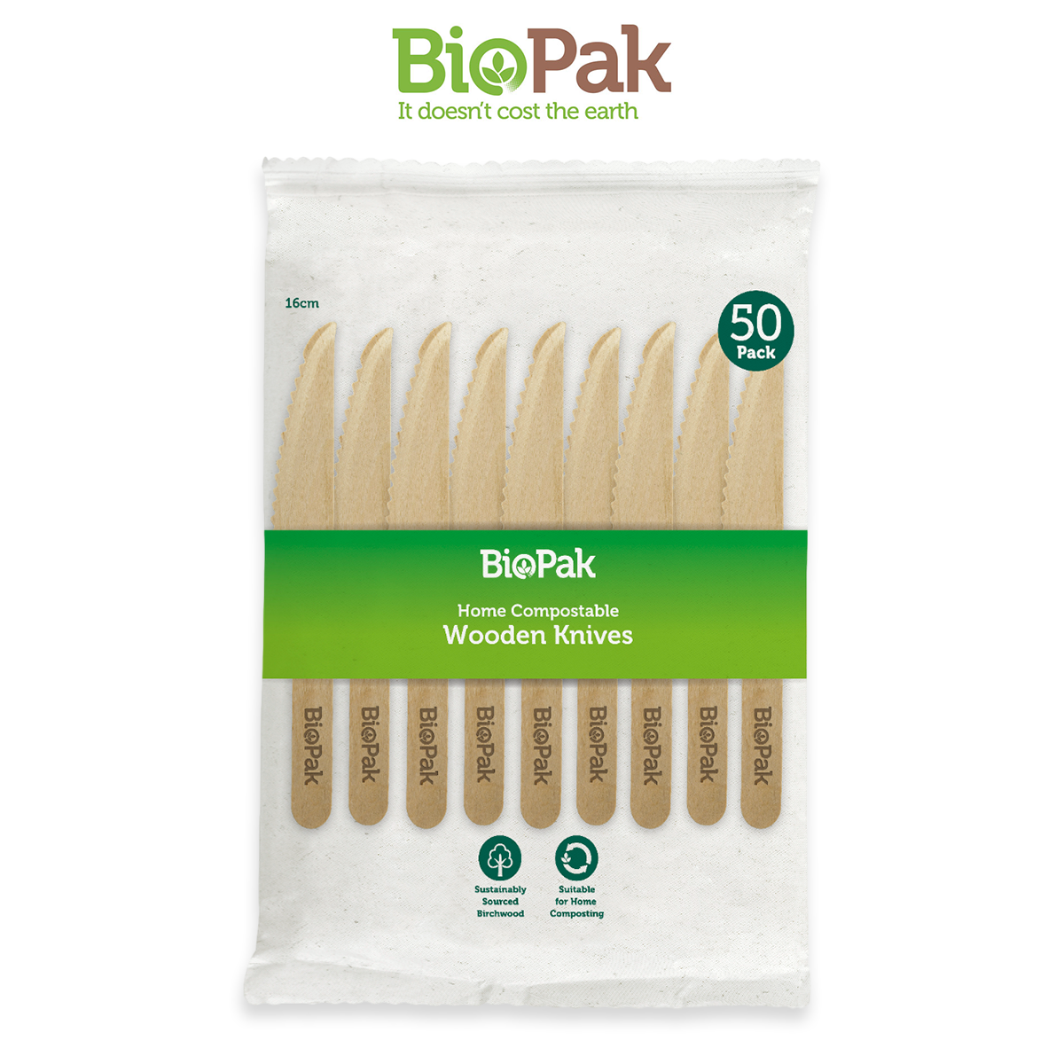 BioPak Compostable Wooden Knives 16cm - 50 pcs Disposable Knife Eco Friendly