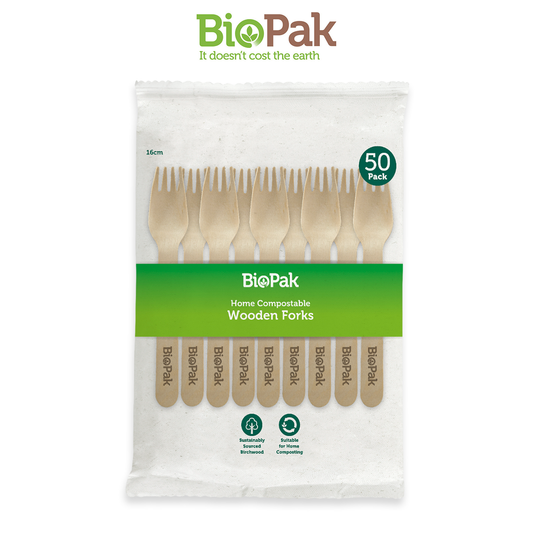 BioPak Compostable Wooden Forks 16cm - 50 pcs Disposable Fork Eco Friendly