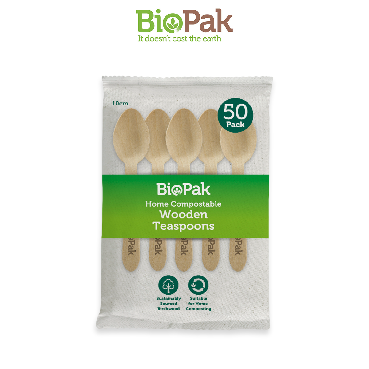 BioPak Compostable Wooden Teaspoons 10cm - 50 pcs Disposable Tea Spoons Stirrers Eco Friendly