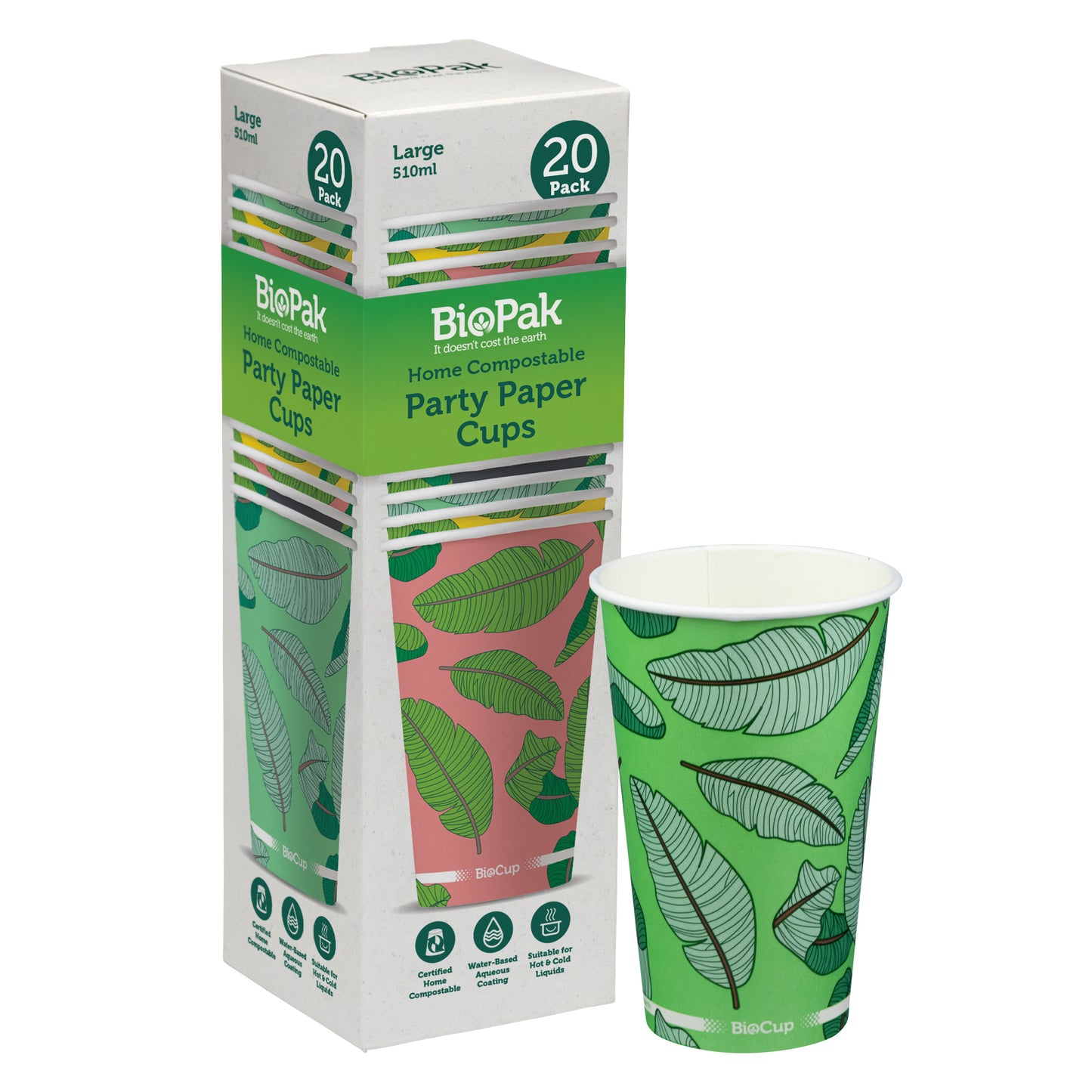 BioPak Compostable Party Paper Cups Hot & Cold Drinks 510ml Single Wall - 20 pcs Disposable Cup Eco Friendly