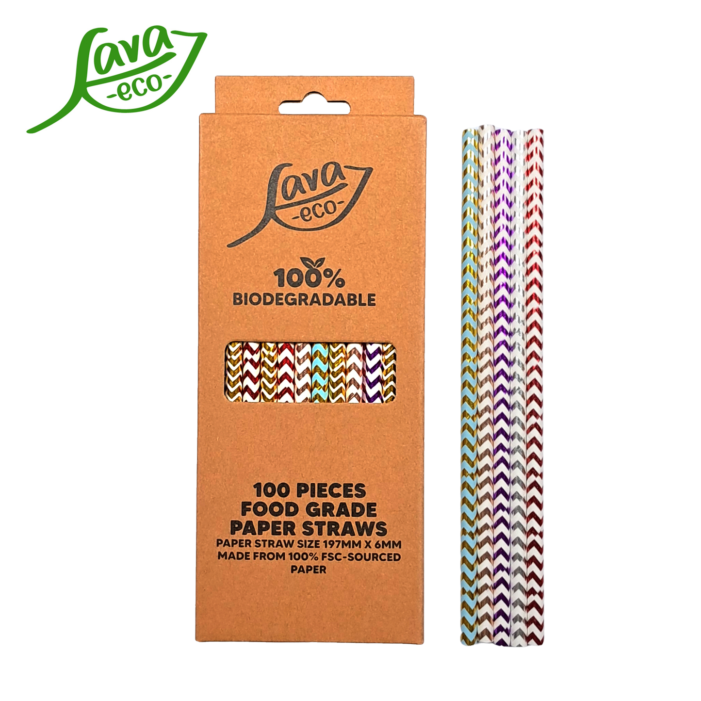 LavaEco Biodegradable Paper Straws - Shiny Zig Zag 100 PCS - Disposable Environment Eco Friendly