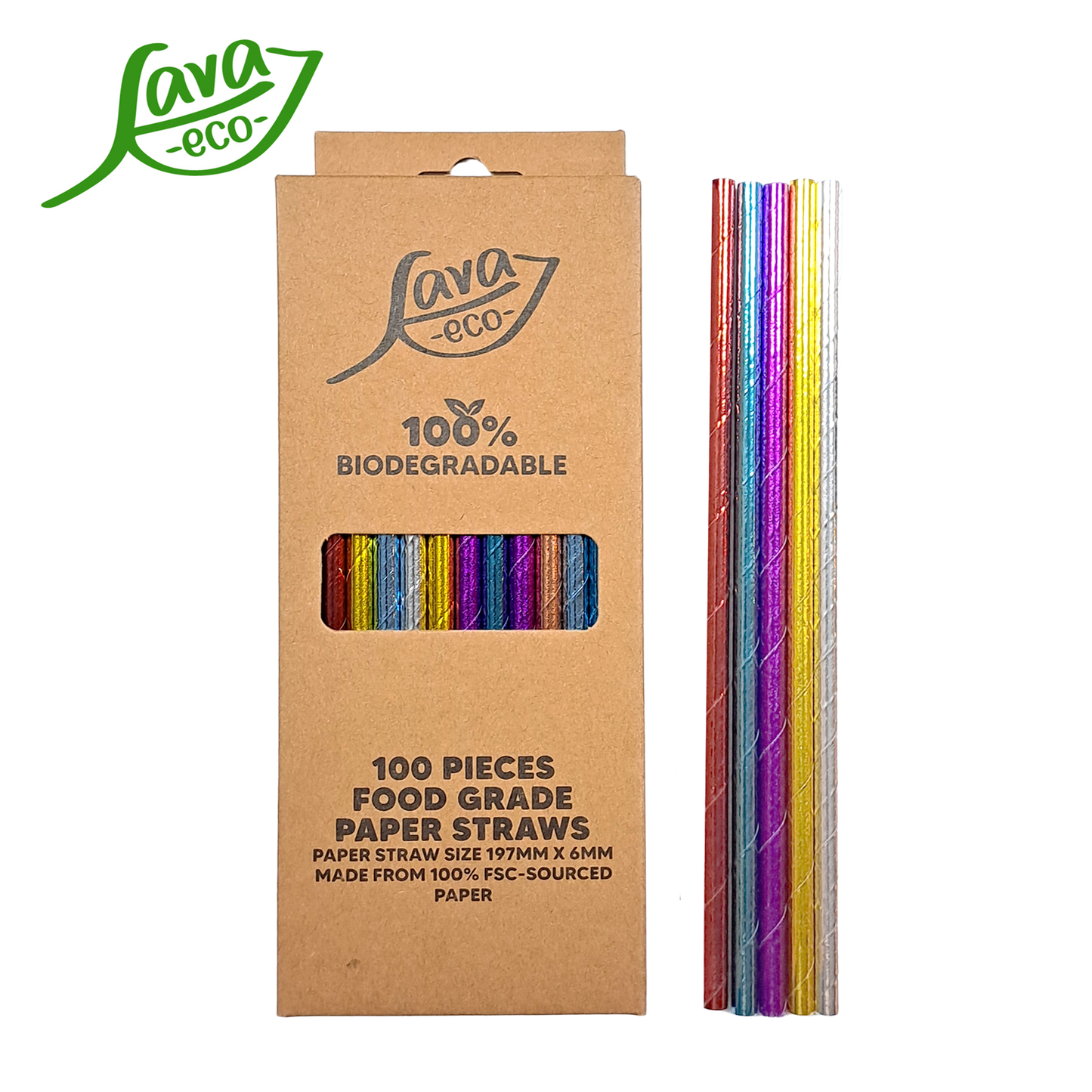 LavaEco Biodegradable Paper Straws - Shiny Colourful 100 PCS - Disposable Environment Eco Friendly