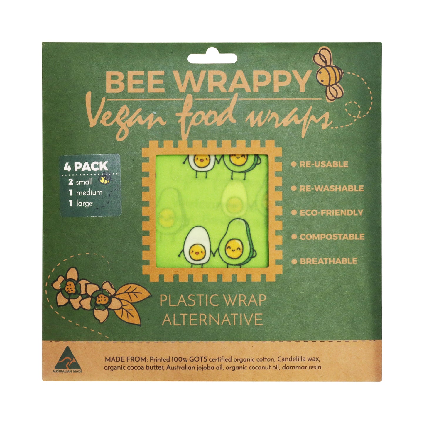 Bee Wrappy - Vagan Food Wrap 4 Pieces Pack (2 Small, 1 Medium, 1 Large) Bee Wax Food Wrap