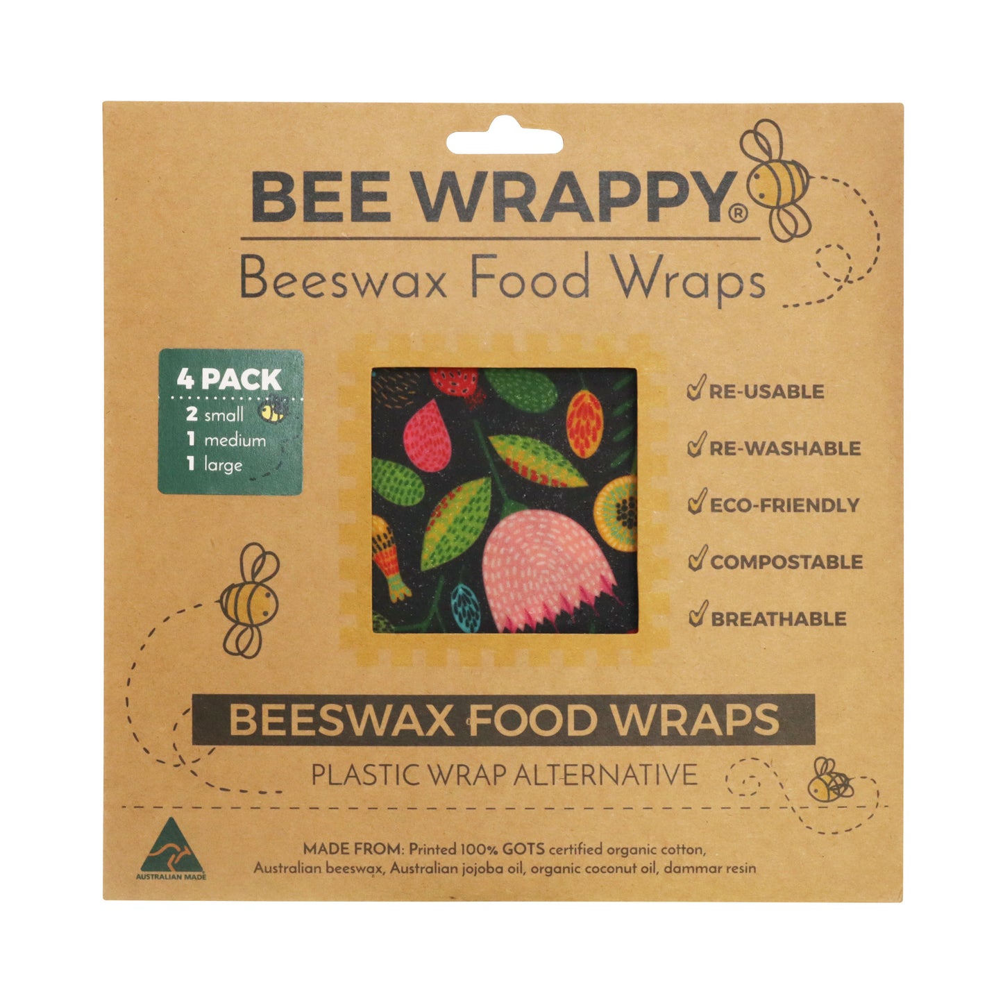 Bee Wrappy - Beeswax Wrap 4 Pieces Pack (2 Small, 1 Medium, 1 Large) Bee Wax Food Wrap