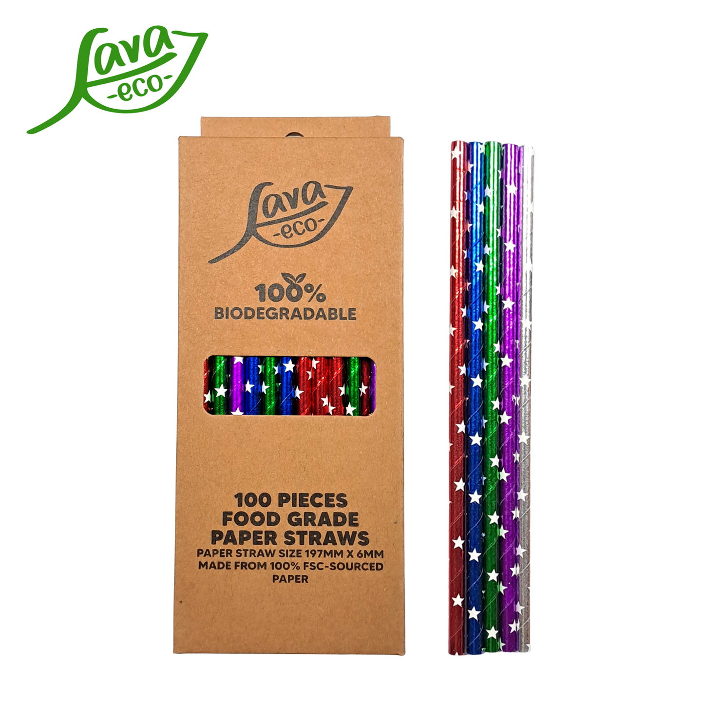 LavaEco Biodegradable Paper Straws - Shiny Stars Colourful 100 PCS - Disposable Environment Eco Friendly