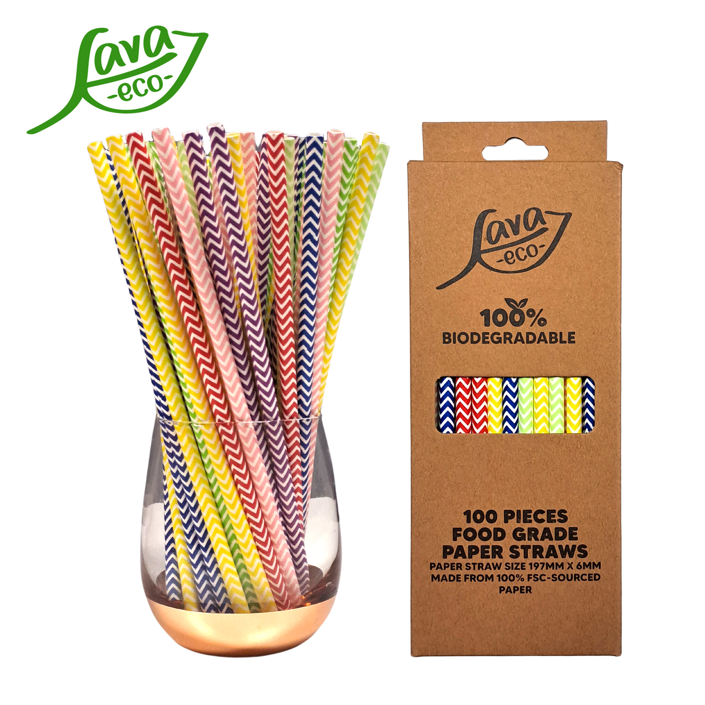 LavaEco Biodegradable Paper Straws - Colourful Zig Zag 100 PCS - Disposable Environment Eco Friendly