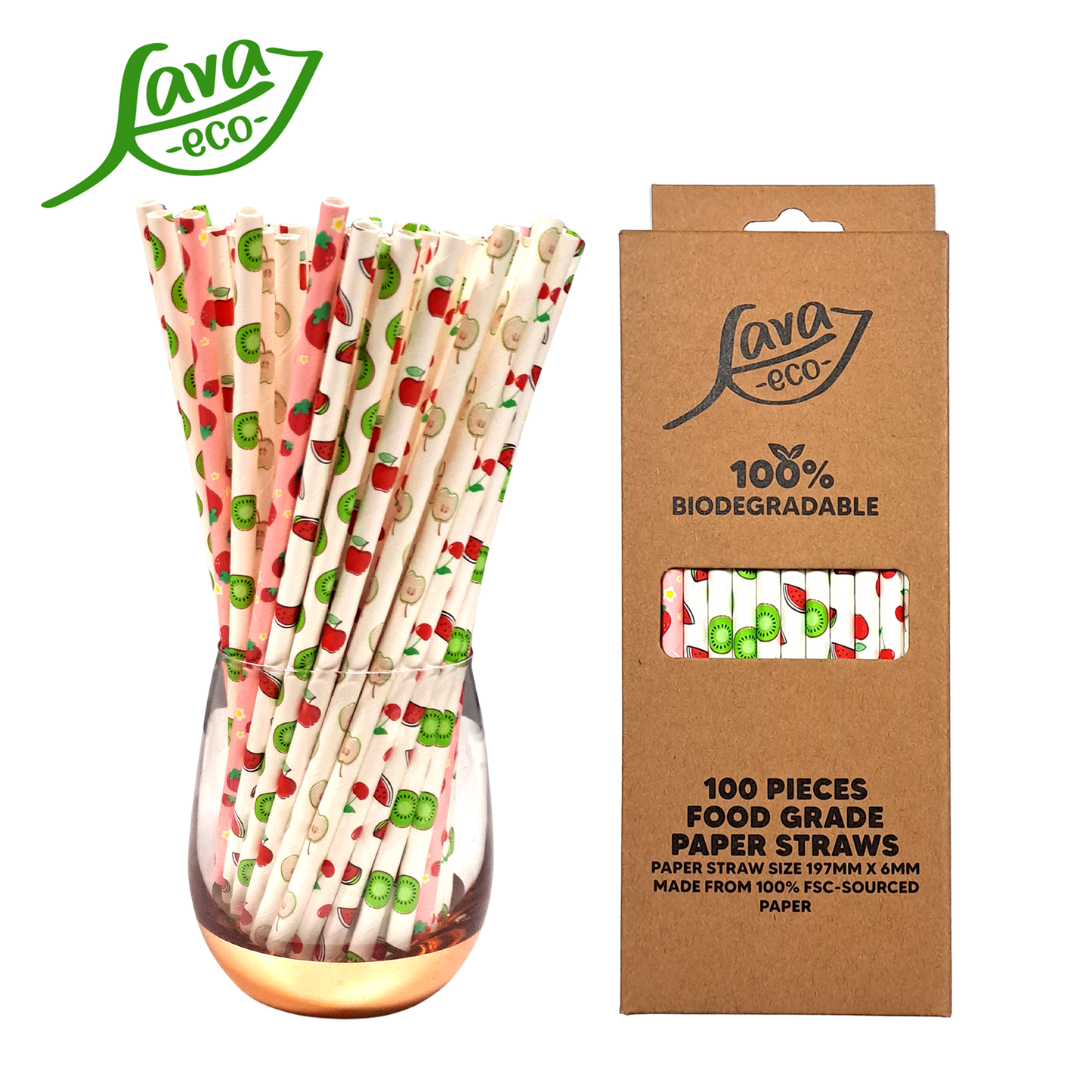 LavaEco Biodegradable Paper Straws - Cartoonish Fruits 100 PCS - Disposable Environment Eco Friendly