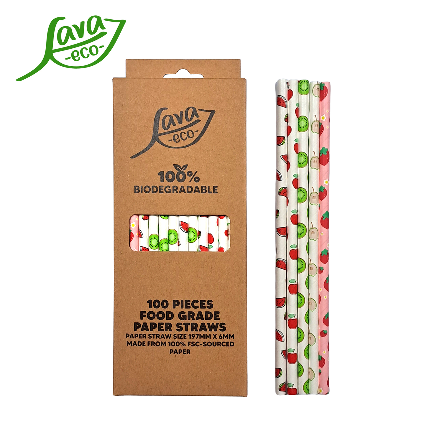 LavaEco Biodegradable Paper Straws - Cartoonish Fruits 100 PCS - Disposable Environment Eco Friendly