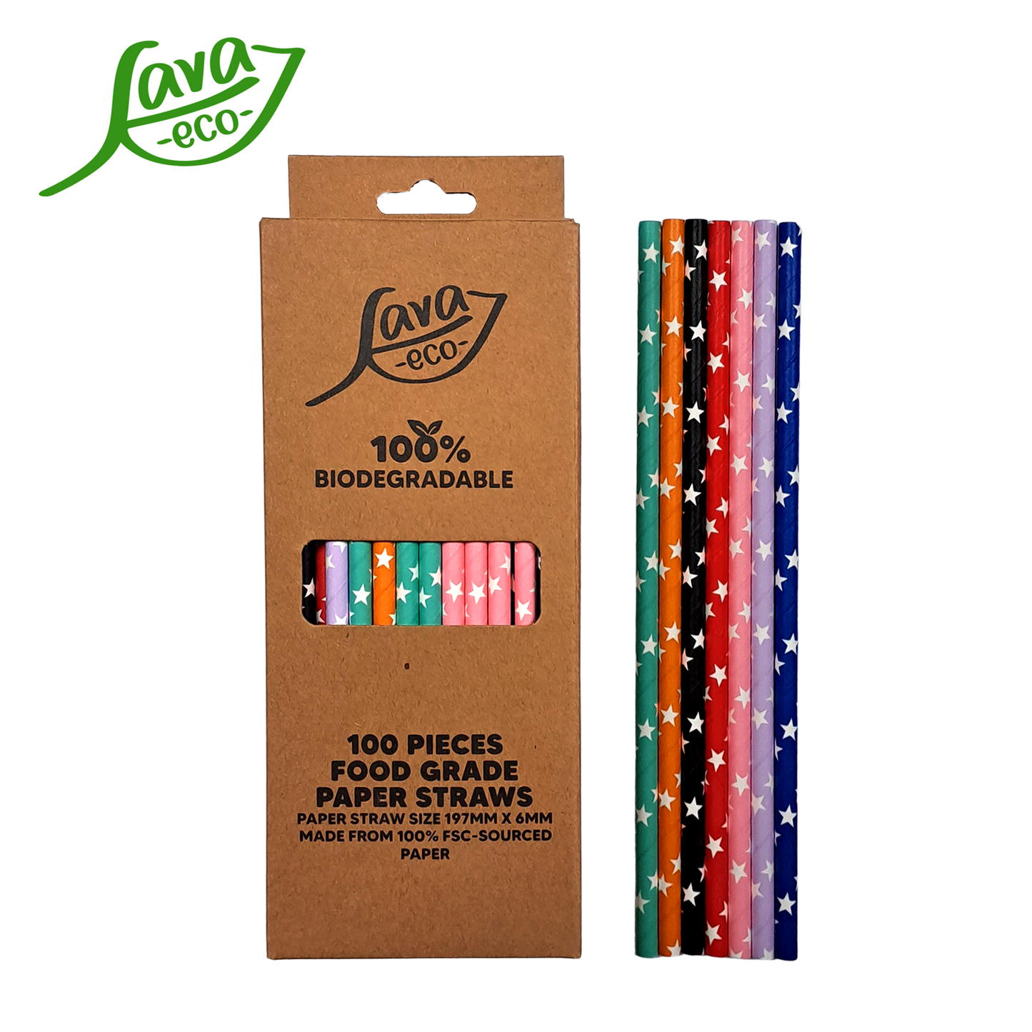 LavaEco Biodegradable Paper Straws - Colourful Stars B 100 PCS - Disposable Environment Eco Friendly