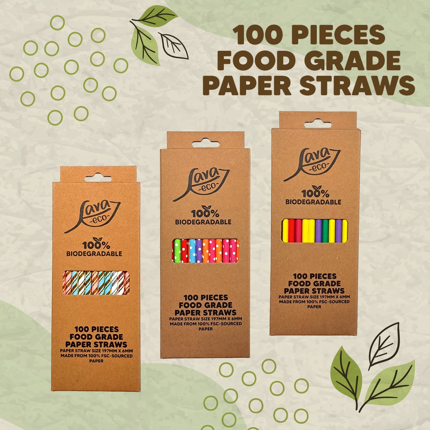 LavaEco Biodegradable Paper Straws - Cartoonish Fruits 100 PCS - Disposable Environment Eco Friendly