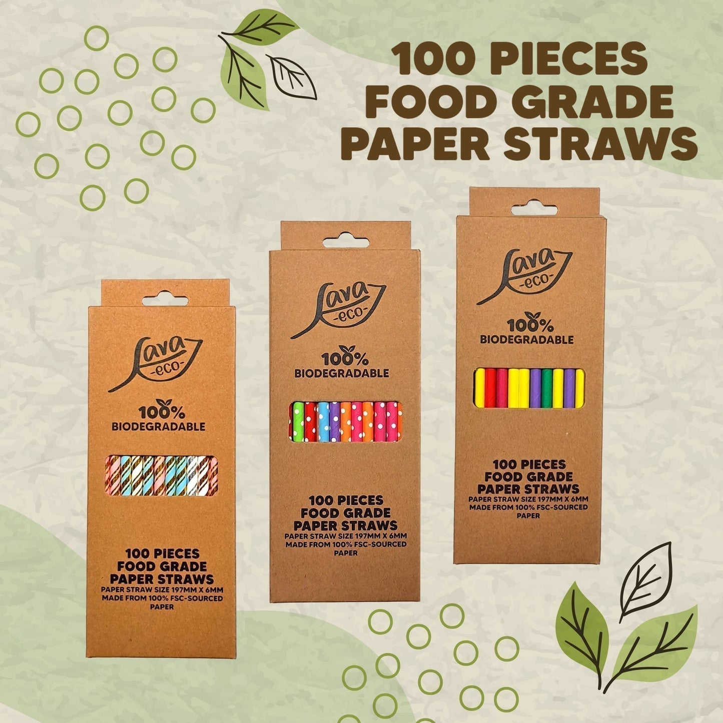 LavaEco Biodegradable Paper Straws - Shiny Mermaid Theme 100 PCS - Disposable Environment Eco Friendly